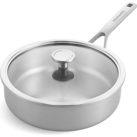KitchenAid MultiPly 3PLY Padella per Soffritti in Acciaio Inox Senza PFAS con Coperchio in Vetro, 24 cm/3,10 L Triply, Multiclad, Induzione, Forno fino a 220°C, Lavastoviglie, Argento (1/5)