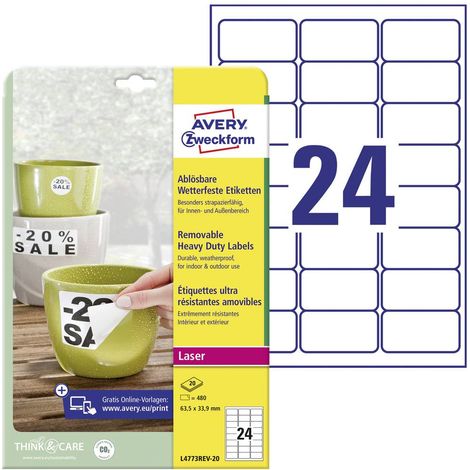 Avery-Zweckform L4773REV-20 Etichetta a pellicola 63.5 x 33.9 mm Pellicola in poliestere Bianco 480 pz. Staccabile Stam (1/5)