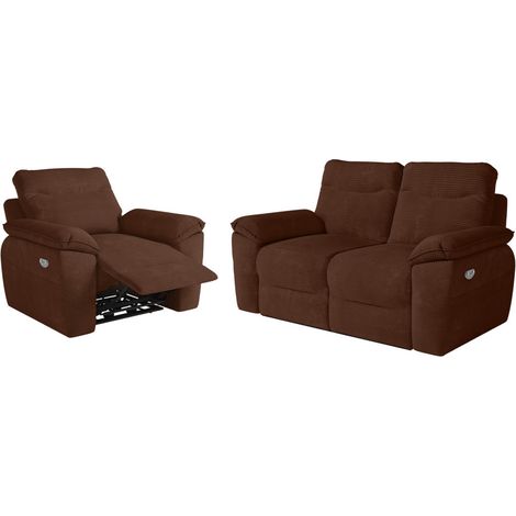 PACK - Canapé de relaxation ROSS électrique 2 places et fauteuil en velours côtelé - Marron (1/5)