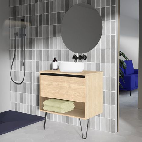 Meuble salle de bain avec vasque posée YOKO TOP chêne sablé 80 cm Miroir inclus (1/5)