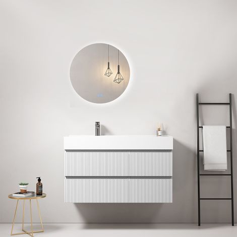 Mobile bagno sospeso cannettato 100 cm Bianco Lavabo a Sinistra in Resina Specchio Tondo Retroilluminato - Fiji Paint