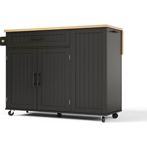 Isola cucina mobile nera in MDF con piano ribaltabile e ruote frenate (1/5)