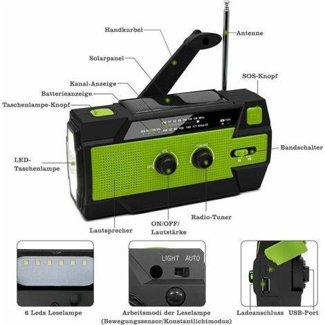 Radio solaire de chantier, radio à manivelle portable avec radio AM/FM, batterie rechargeable intégrée 4000 mAh, lampe de poche LED 4 modes, lampe de lecture LED avec capteur de mouvement, extérieur (1/4)