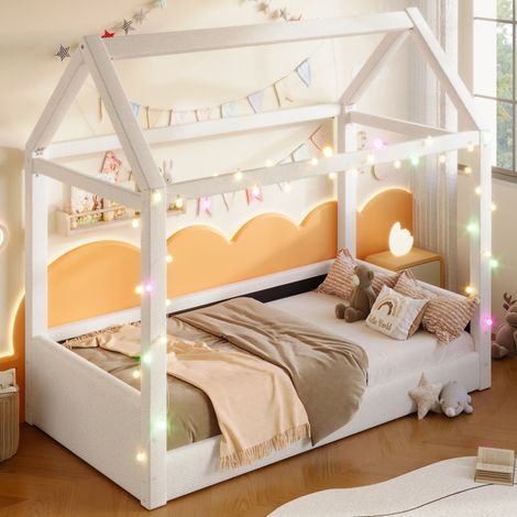 Tagesbett 90/200 cm beige aus MDF und Leinen mit LED-Licht und Hausdesign (1/5)