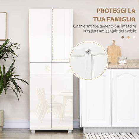 Armoire de rangement cuisine 4 portes, 5 étagères réglables sur 3 niveaux, en MDF et panneaux de particules, blanc, 60x35x170 cm (1/5)