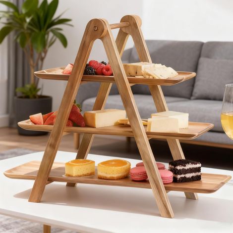 Présentoir À Gâteau En Bois, Présentoir À Cupcakes En Bois, Présentoir À Fruits À 3 Étages Pliable, Plateau De Service À 3 Niveaux Pour Servir De La Nourriture, Fête, Mariage, Fruits, Dessert (1/5)