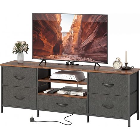 140 cm hoher TV-Ständer, 65-Zoll-TV-Halterung mit Ladestation, 5 Stoffschubladen, offene Regale, 140 x 30 x 50 cm, braun