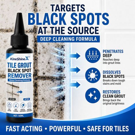 KineShineX Tile Grout Remover dissolves mold and black stains in the grout lines, restoring cleanliness to the wall tile joints. (1/5)