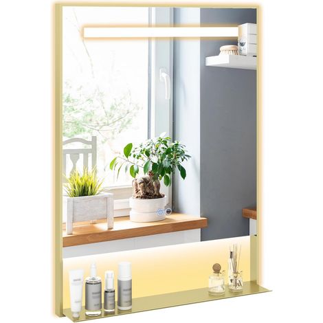COSTWAY Specchio da Bagno LED 80 x 60 cm con Mensola, Specchio da Trucco con Cornice in Alluminio, Funzione Antiappannamento, 3 Colori di Luce e Luminosità Regolabile