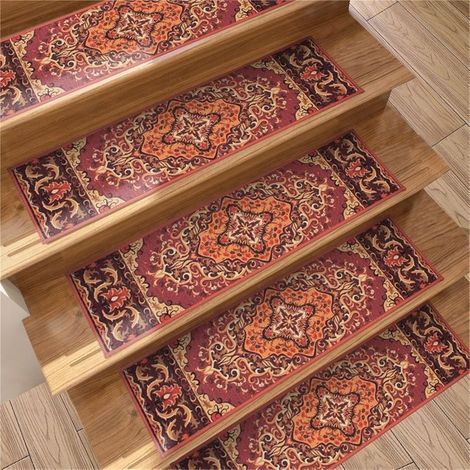(Orange-rouge) Lot de 5 tapis de marches d'escalier antidérapants en bois, motif européen, pour usage domestique, 76 x 20 cm (1/5)