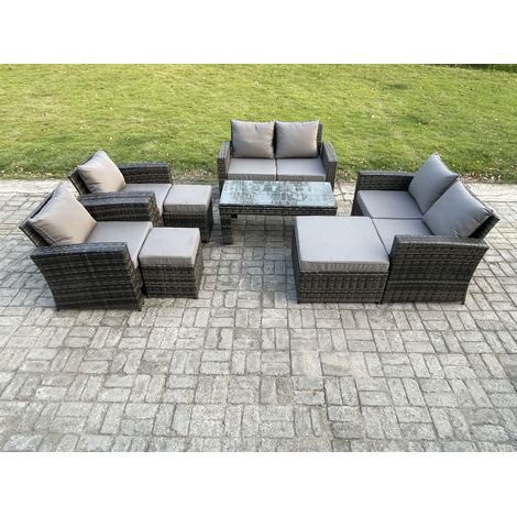 Fimous 9 Seater Dark Grey Mixed High Back Rattan Sofa Set Coffee Table Garden Furniture Outdoor Patio With Love Sofa Arm Chairs 3 Footstools (1/5)