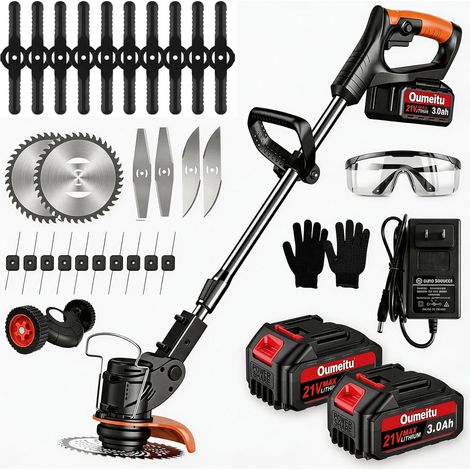 Akku Rasentrimmer mit Akku und Ladegerät,3-in-1 Elektrischer Akku Motorsense &amp Rasentrimmer Rasen mit 2 X 3.0AhAkku &amp Metall Messer &amp Teleskopstange, Akku Freischneider für Rasenschneiden und