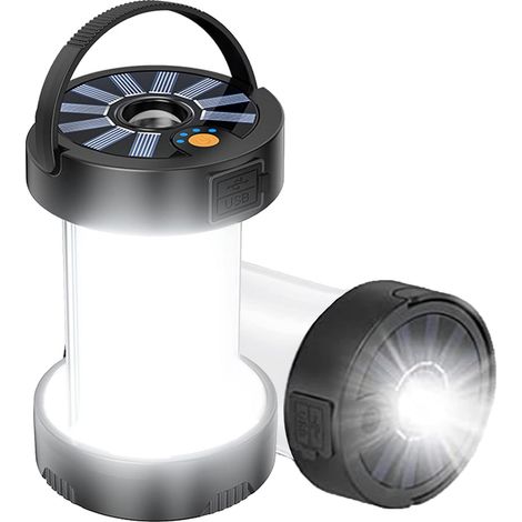 Lampe Solaire Camping Rechargeable, Lanterne solaire rechargeable 4 modes lampe de tente LED ultra lumineuse avec base magnétique, Étanche lumière d'urgence pour randonnée, pêche, l'Extérieur (noir) (1/5)