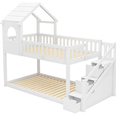 Kinderhochbett in Baumhausform aus Kiefernholz 90 x 200 cm mit Treppenschrank Weiß HOMVRA (1/5)