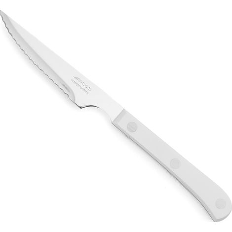 Arcos Steakmesser aus Edelstahl, Polyoxymethylen-Griff, weiß, 115 mm. Dünnes, starkes Messer mit gezackter Klinge. Zum mühelosen Schneiden von Steaks und leicht gegrilltem Fleisch. (1/5)