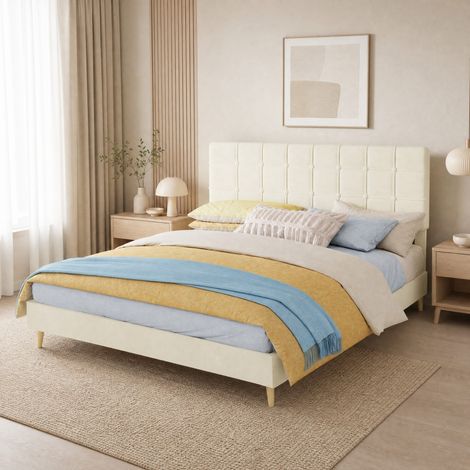 Lit 160x200 en tissu beige avec tête de lit capitonnée à carreaux, pieds en bois DESVIAE (1/5)
