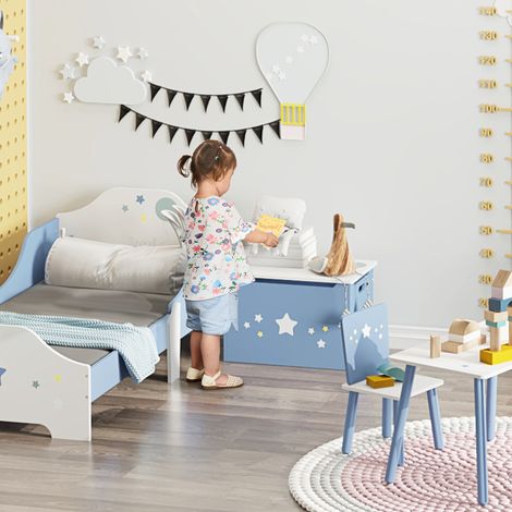 Coffre banc de chambre des enfants 55 x 34 x 35,5 cm - à jouets en bois bleu et blanc