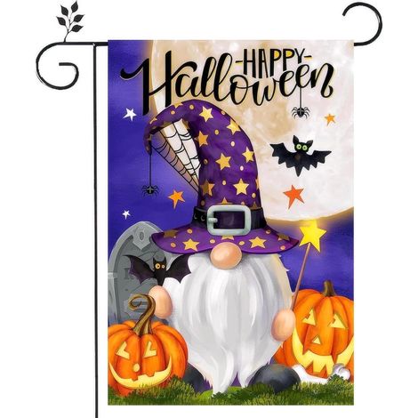 Drapeau d'Halloween en toile de jute double face 12x18 avec gnome – Décoration de jardin citrouille effrayante et chauve-souris noire (1/5)