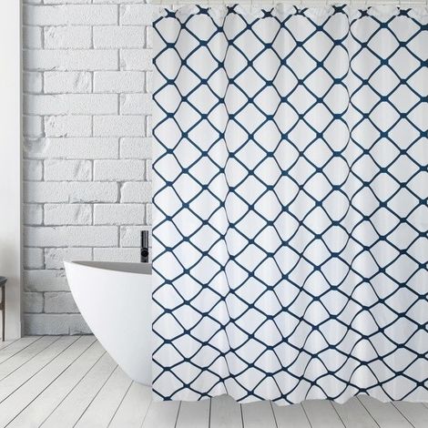 Rideau de douche Polyester GRANADA 180x200cm QUALITE PREMIUM Blanc & Bleu - Anneaux inclus MSV