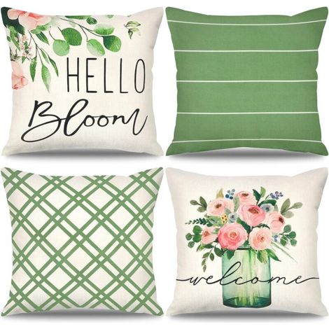 Lot de 4 housses de coussin 45 x 45 cm décoratives en lin motif botanique vert printemps été taie d'oreiller pour canapé lit salon intérieur de voiture (1/5)