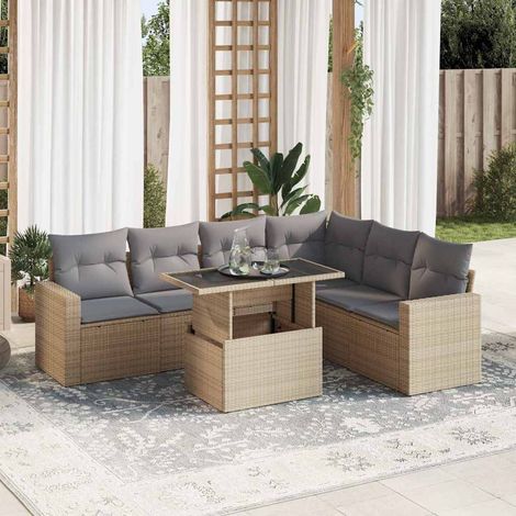 Canapé de jardin 7 pièces en résine tressée beige avec coussins gris, rangement intégré et table réglable 100x55 cm (1/5)
