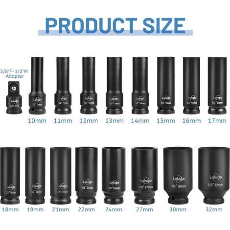 LALAGO 17 Pièces Douilles à Chocs 1/2" 10-32 mm, Coffret de Douille Longue Hexagonales CR-V, Clés à Douille avec Adaptateur 3/8'' à 1/2'', Douilles Métriques 6 Points pour Pneumatiques et Électriques