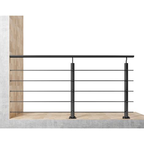 Garde-corps aluminium noir mat 2m, avec 5 traverses et 1 main courante, pose à plat contre le mur, en kit complet
