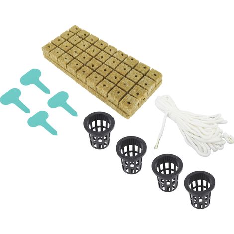 Ensemble de 72 cubes de laine de roche de 2,5 cm avec pots en filet de 5 cm pour système de culture hydroponique. Bonne absorption d'eau. Kit de pots en filet pour culture hydroponique à domicile. (1/5)