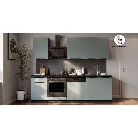 Küche ARIA K-BL Basic 250 cm Anti Fingerprint Küchenzeile Küchenblock Singleküche EinbaukücheAQUAMARINE - AFM