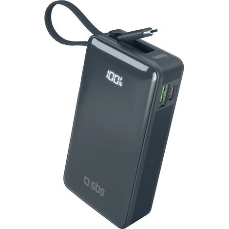 Batería externa SBS de 10000 mAh y 20 W con cable USB-C integrado y pantalla digital - Gris oscuro