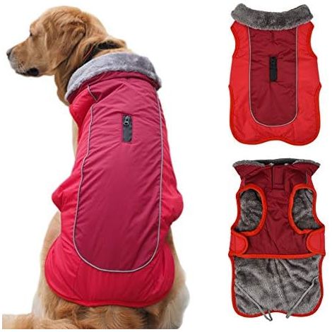 Chaqueta cálida para perros, impermeable, reflectante, resistente al viento, para perros pequeños y grandes, color rojo y negro. (1/5)
