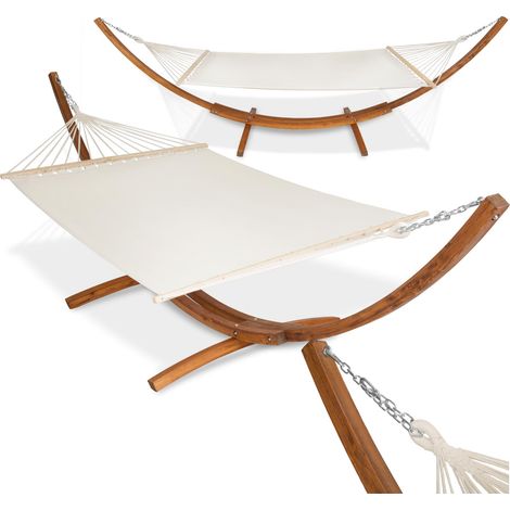 Hamac sur pied XXL 2 places en coton avec support en bois 415 x 150 x 124 cm, charge 200 kg (1/5)
