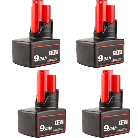 4 pièces 12V 9000mAh Batterie de Remplacement pour Batterie Milwaukee M12 Li-ION XC 48-11-2401 48-11-2402 48-11-2411 48-11-2420 48-11-2440