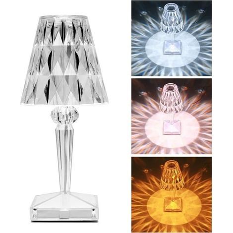 (blanc-Cristal)Lampe de chevet en cristal 3 couleurs Lampe de table Diamond avec commande tactile pour chambre, salon, chambre d'amis et bureau (1/4)