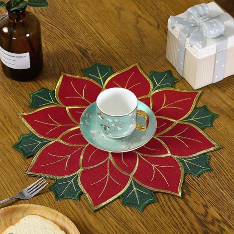 Set mit 6 runden Weihnachtsplatzsets mit rotem Weihnachtssternmuster zur Tischdekoration bei Feiern zu Hause. (1/5)