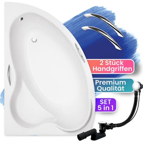 Badewanne Eckbadewanne 140x90 Links + Handgriffen, Ablauf & Füße GRATIS - Komplettset 4in1 Original Acryl Wanne - BADLAND ADA