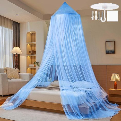Moustiquaire de Lit,Ciel de Lit Bleu,Grande Moustiquaire Dôme Polyester pour Lit Double et Simple,Mailles Fines Baldaquin avec Adhésif Vis Crochet pour Voyage et Maison Jardin,60x250x1100cm (1/5)