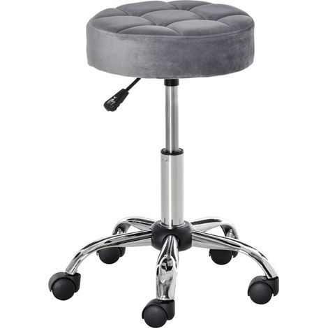 Fauteuil salon pivotant avec roues velours mousse tactile gris clair hauteur réglable 49-61 cm base chromée 35 x 35 cm