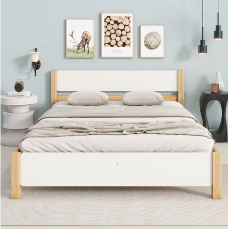 Lit double en bois massif et MDF blanc et naturel 140x200 cm avec sommier Ă lattes (1/5)