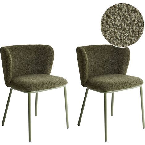 Set of 2 Modern Dining Chairs Fabric Boucle Upholstered Seat Armless Curved Back Green Legs Dark Green Mina II (1/5)