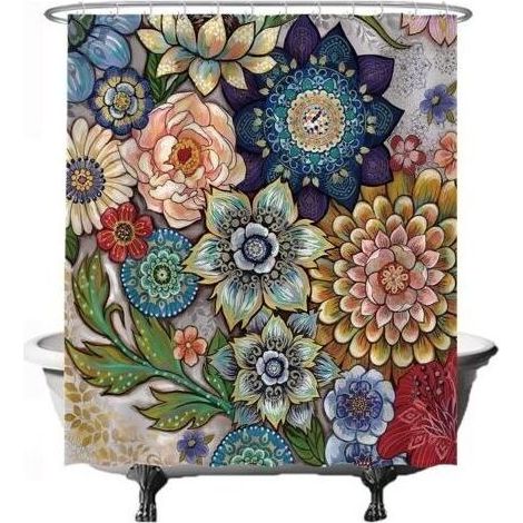 Rideau de Douche - Fleurs Multicolores - Art Naturel - 180 x 200 cm - Lavable - Anti Moisissure - Imperméable - Rouge Jaune Bleu Vert (1/5)