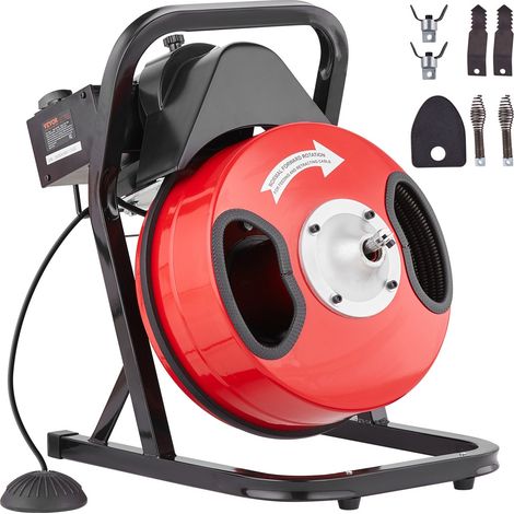 Déboucheur Électrique de Canalisation 12 m x 1,27 cm Machine de Nettoyage de Tuyaux Alimentation Manuelle Nettoyeur de Tubes Drain avec 4 Coupeurs, Commande à Pied par Air pour Tuyaux 5-10 cm (1/5)