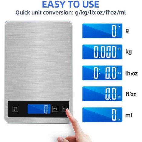 Balance De Cuisine - Capacité 15 Kg - Précision 1 G - Plateau Inox 23x16 Cm - Alimentation Batterie Rechargeable Ou 2 Piles AAA (1/4)