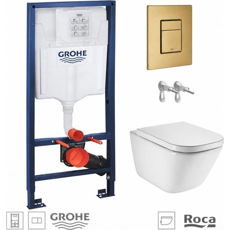 Pack WC inodoro suspendido con bastidor GROHE Rapid SL y pulsador skate oro cepillado y inodoro ROCA The Gap Rimless (1/5)