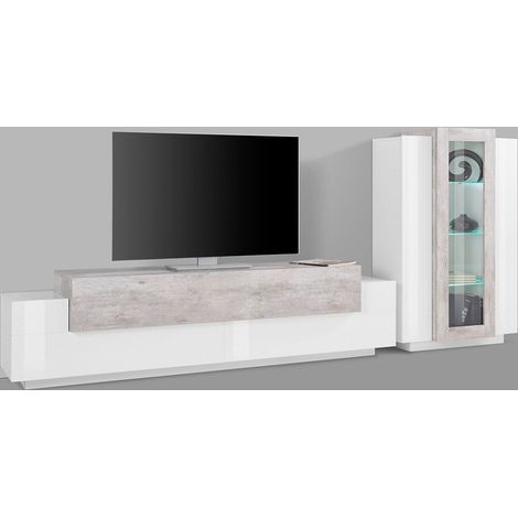Parete Attrezzata Soggiorno Porta TV 200x45x51,6 cm con Vetrina Coro Bianco Lucido e Cemento (1/4)