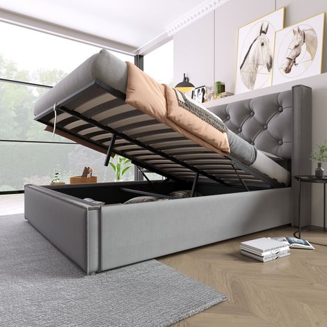 Lit double 140x200cm coffre de rangement tête de lit capitonnée coton et bois gris (Sans matelas) (1/5)