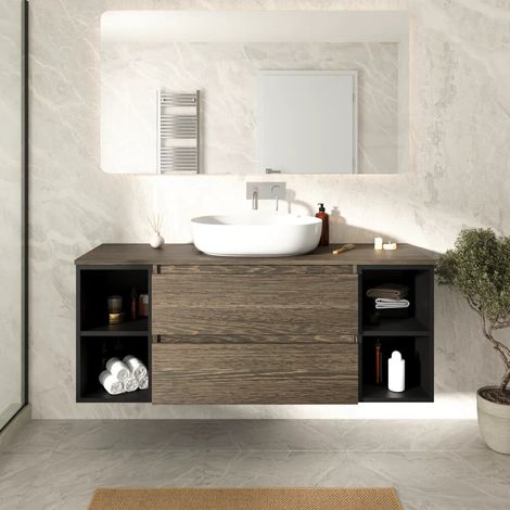 Mobile bagno sospeso 120cm due cassetti con top rovere scuro vintage wenge e due vani a giorno nero opaco Hexa (1/4)