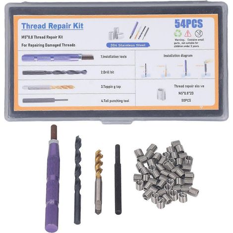 Kit de réparation de filetage 54 pièces, métrique, M5x0,8x2D, outil de montage d'insert, acier inoxydable (1/4)