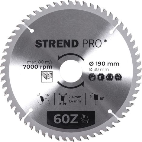 Scheibe Strend Pro TCT 190x2.4x30/20 mm 60T, für Holz, Sägeblatt, SK-Zähne