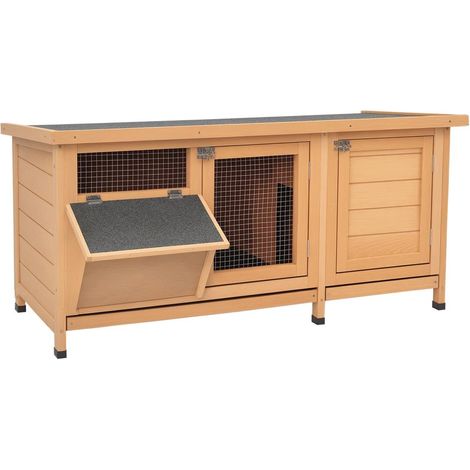 Clapier sur pied cage à lapin avec toit bitumé ouvrant 2 portes verrouillables 2 tiroirs à déjection coulissants mangeoire bois de sapin traité dim. 112L x 50l x 54H cm bois naturel et noir (1/5)